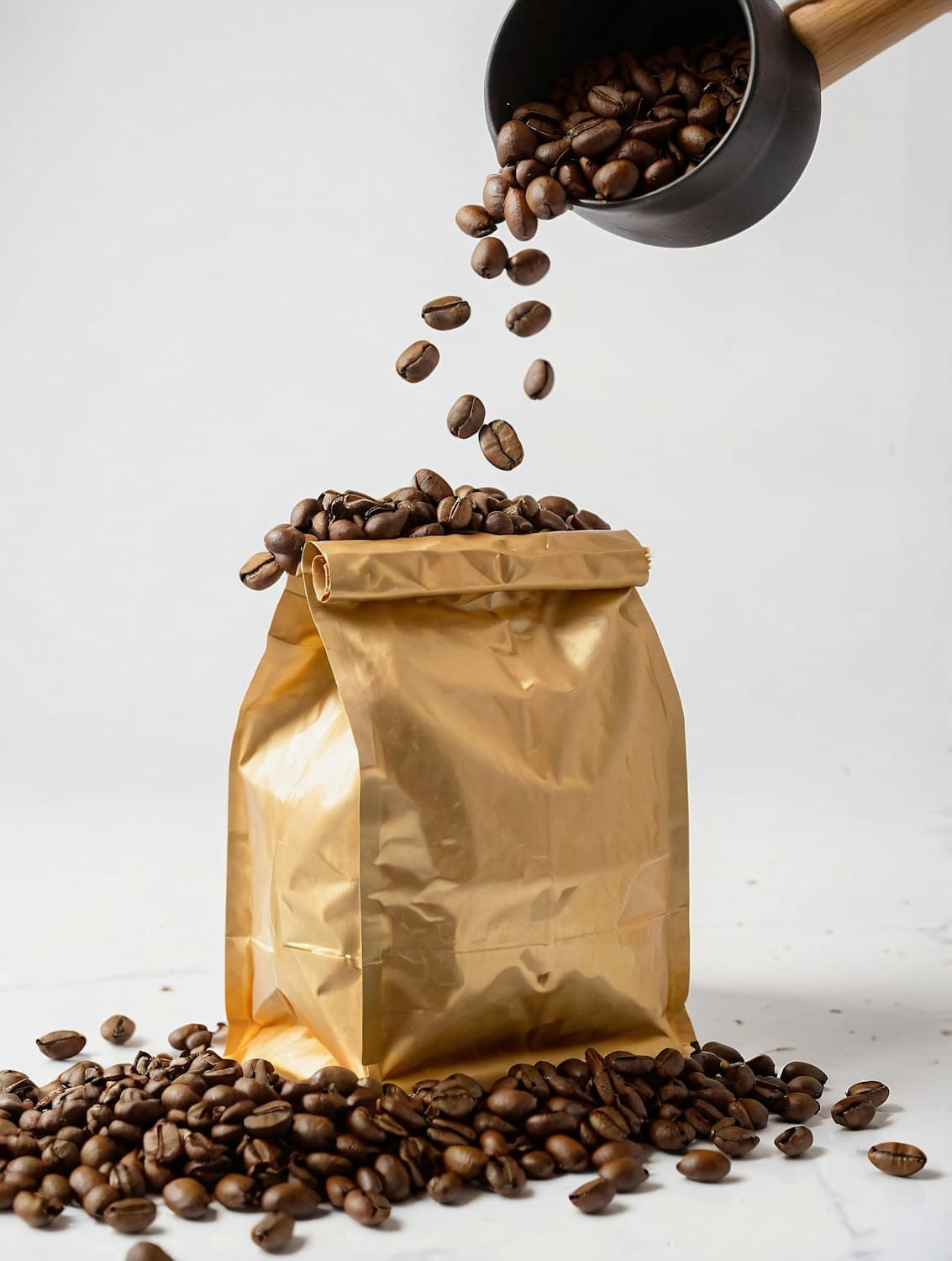Grãos torrados sendo despejados em um pacote de café dourado