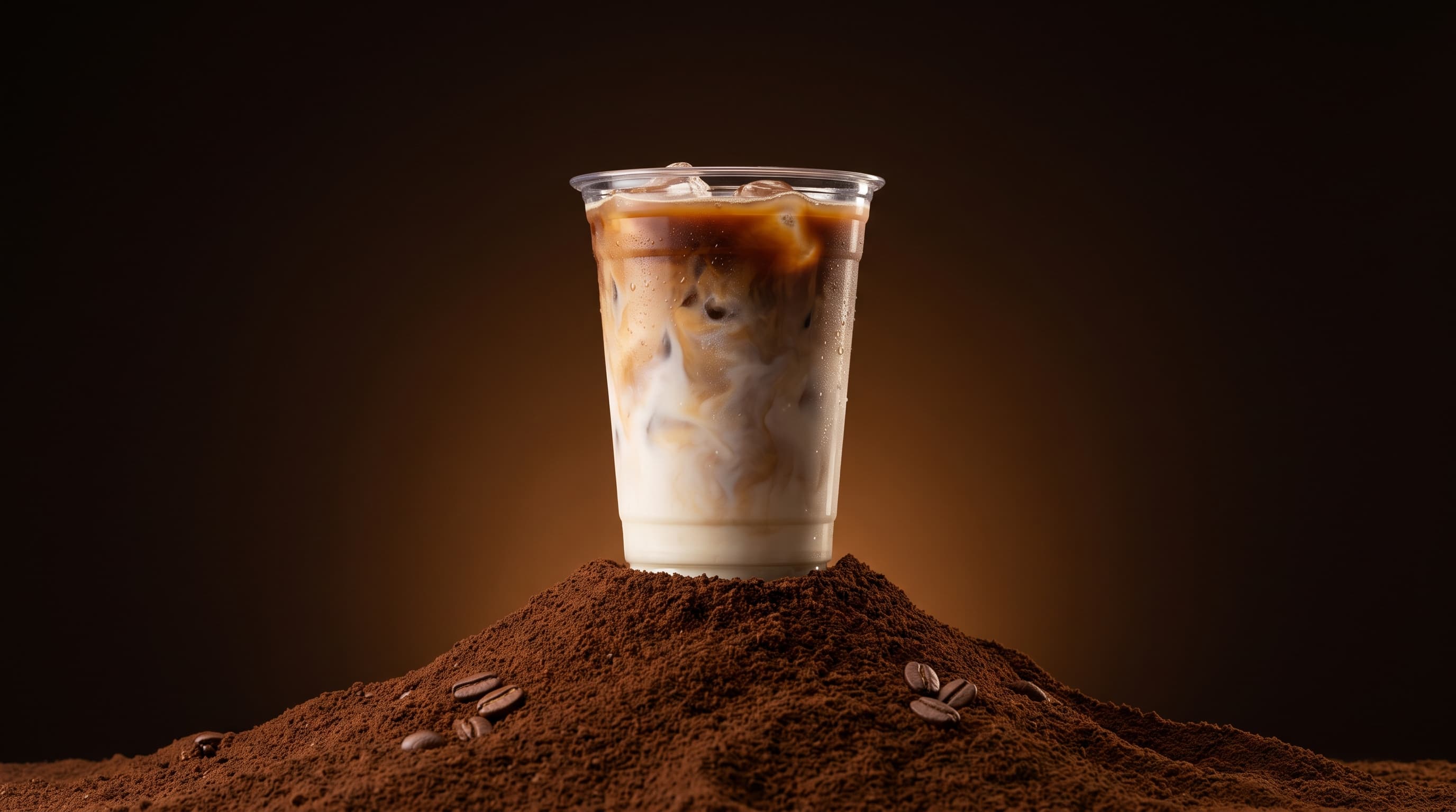 Latte gelado Kuro Original em um copo transparente, com o espresso se misturando ao leite gelado, sobre um monte de café moído